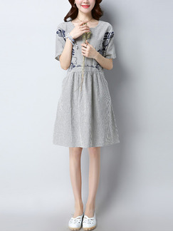 Grey Knee Length Stripe Loose Embroidery Plus Size Dress for Casual Office