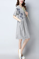 Grey Knee Length Stripe Loose Embroidery Plus Size Dress for Casual Office