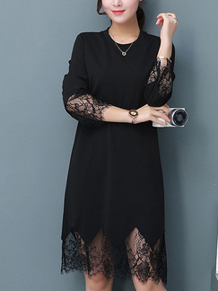 Black Above Knee Knitted Linking Lace Loose Plus Size Dress for Office Evening Party