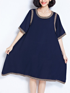 Blue Knee Length Loose Embroidery Chiffon Dress for Casual Office Evening Party