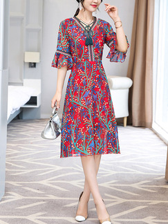 Red Colorful Chiffon A-Line Slim V Neck Printed Flare Sleeve Laced Floral Plus Size Knee Length Dress for Casual Party Evening