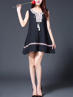 Black Loose A-Line Band Embroidery Above Knee Dress for Casual Party Evening