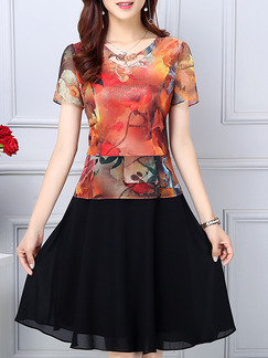 Black and Red Colorful Plus Size A-Line Slim Printed Seem-Two Above Knee Dress for Casual