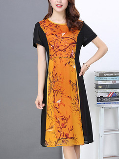 Apricot and Black Chiffon Slim A-Line Contrast Linking Printed Plus Size Knee Length Dress for Casual Office Party