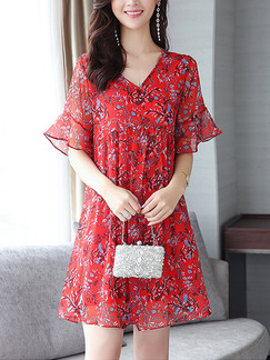 Red Chiffon V Neck Plus Size Loose Printed Ruffled Above Knee Floral Dress for Casual Party