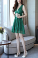 Green Lace V Neck Slim A-Line Band Flare Above Knee Plus Size Dress for Casual Party