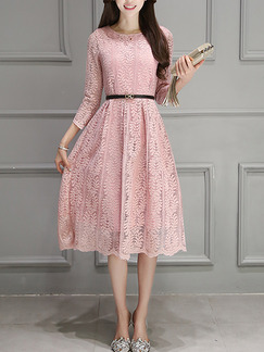 Pink Lace Slim A-Line  Plus Size Knee Length Cute Dress for Casual Office Evening