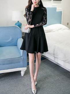 Black Lace Linking Slim A-Line Stand Collar Flare Long Sleeve Dress for Casual Party Evening