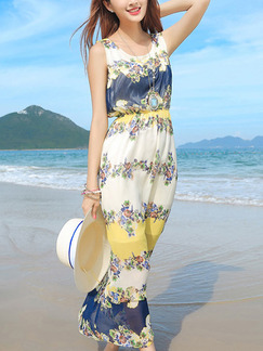 Colorful Chiffon Full Skirt Printed Maxi Floral Dress for Casual Beach