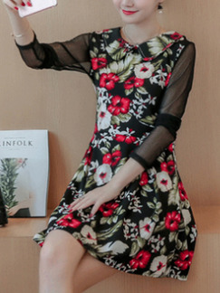 Black Red Colorful Mesh Linking Slim A-Line Floral Above Knee Long Sleeve Dress for Casual Party Evening