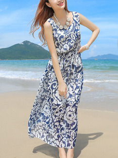Blue and White Chiffon Printed Maxi Dress for Casual Beach