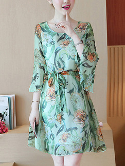 Green Chiffon Slim A-Line Plus Size Printed Flare Sleeve Band Floral Above Knee Dress for Casual Party