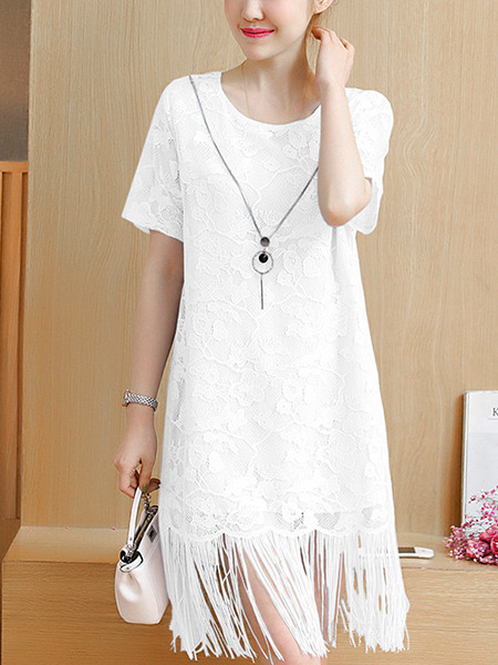 White Lace Plus Size Loose Tassels Knee Length Dress for Casual