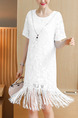 White Lace Plus Size Loose Tassels Knee Length Dress for Casual