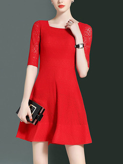 Red Slim A-Line Plus Size Cutout Neck Lace Above Knee Dress for Casual Party Evening