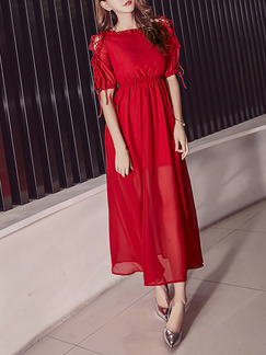 Red Chiffon Full Skirt Ruffled Drawstring Adjustable Waist  Maxi Plus Size Dress for Cocktail Prom Ball Semi Formal