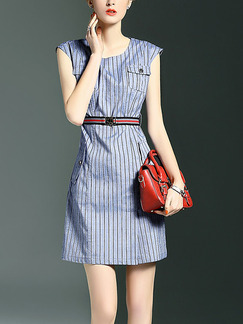 Blue Stripe Slim Round Neck Stripe Buckled Plus Size Above Knee Dress for Casual Office Party