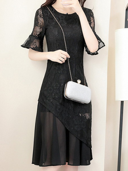 Black Knee Length Slim A-Line Lace Flare Sleeve Plus Size Dress for Party Evening