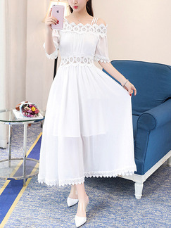 White Maxi Linking Off-Shoulder A-Line Slim Laced Plus Size Dress for Evening Party