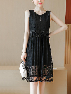 Black Knee Length Slim Lace Tassels Plus Size Dress for Casual Evening Party