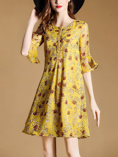 Yellow Above Knee Chiffon Printed Flare Sleeve Slim A-Line Plus Size Dress for Casual Office Evening Party
