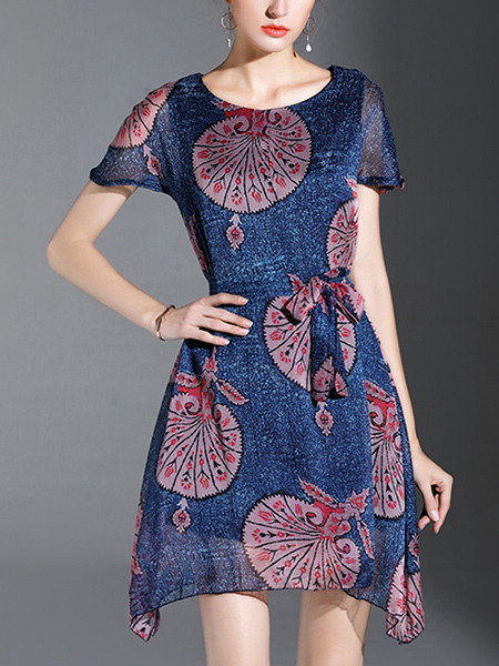 Blue and Red Above Knee Chiffon Printed Asymmetrical Hem Lace up Plus Size Dress for Casual Office Evening Party