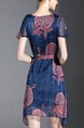 Blue and Red Above Knee Chiffon Printed Asymmetrical Hem Lace up Plus Size Dress for Casual Office Evening Party