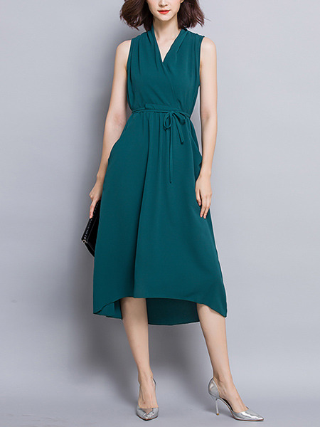 Green Midi Knitted V Neck Slim Asymmetrical Hem Lace up Plus Size Dress for Office Party Evening