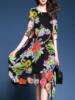 Black Colorful Printed Asymmetrical Hem Full Skirt Plus Size Floral Dress for Party Evening