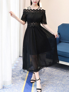 Black Maxi Linking Off-Shoulder A-Line Slim Laced Plus Size Dress for Party Evening