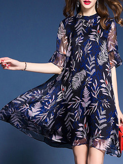 Blue Stand Collar Printed Plus Size Loose Flare Sleeve Above Knee Dress for Casual Party Evening