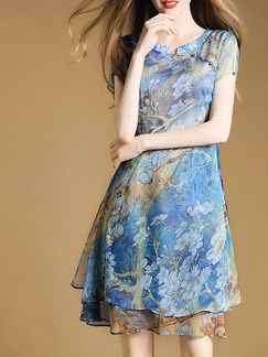 Blue Colorful Chinese Printed Chinese Button Plus Size Two-Layered Furcal Slim A-Line Floral Above Knee Dress for Casual Party