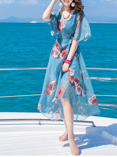 Blue Two-Piece Printed Band Full Skirt Asymmetrical Hem Flare Sleeve V Neck Chiffon Floral Cute Dress for Casual Beach