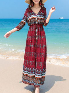 Red A-Line Drawstring Furcal V Neck Printed Buckled Maxi Dress for Casual Beach