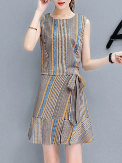Grey Colorful Stripe Band Ruffled Two-Piece Slim Plus Size Above Knee Dress for Casual