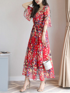 Red Chiffon Full Skirt Slim Printed Ruffled Plus Size Maxi Dress for Casual