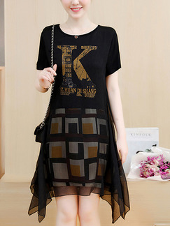 Black and Brown Chiffon Plus Size Linking Printed Asymmetrical Hem Above Knee Dress for Casual Party