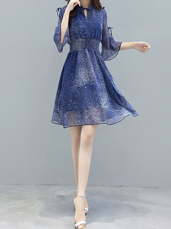 Blue Chiffon Slim A-Line Adjustable Waist Ruffled Flare Plus Size Above Knee Dress for Casual Party Nightclub