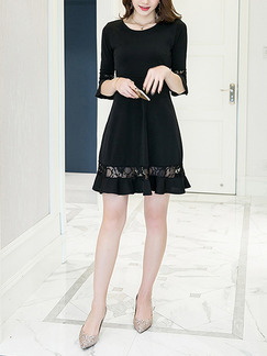 Black A-Line Slim Linking Lace Plus Size Above Knee Dress for Casual Evening Party Office