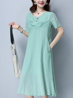 Green Chinese Loose Embroidery Chinese Button Plus Size Midi Shift Dress for Casual