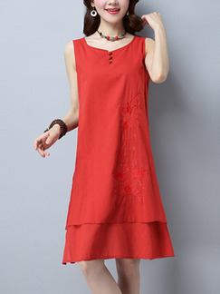 Red Chinese Loose Embroidery Furcal Chinese Button Shift Knee Length Dress for Casual Party