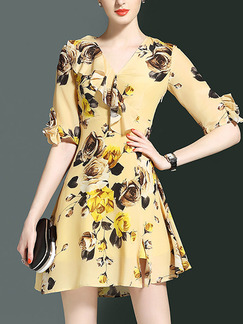 Yellow Colorful Chiffon Slim A-Line Printed Furcal Ruffled V Neck Floral Above Knee Plus Size Dress for Casual Evening Party