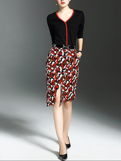 Black and Red Knitted Contrast Linking Slim Plus Size Printed Furcal Knee Length V Neck Dress for Casual Office Evening