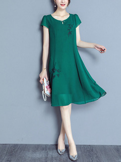 Green Chiffon Plus Size Loose Chinese Button Located Printing Knee Length Dress for Casual Party Evening