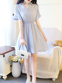 Blue A-Line V Neck Adjustable Waist Laced Linking Flare Above Knee Dress for Casual Party