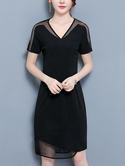 Black Slim Mesh Plus Size V Neck Asymmetrical Hem Knee Length Dress for Casual Party Evening Office