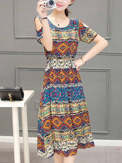 Colorful Plus Size Off-Shoulder Adjustable Waist Printed Midi Dress for Casual