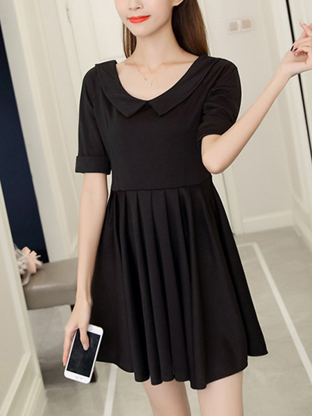 Black Peter Pan Collar Slim Pleated Plus Size Above Knee Dress for Casual Party