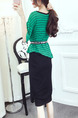 Green and Black Stripe Knitted Seem-Two Stripe Contrast Linking  Knee Length Dress for Casual Office
