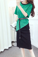 Green and Black Stripe Knitted Seem-Two Stripe Contrast Linking  Knee Length Dress for Casual Office